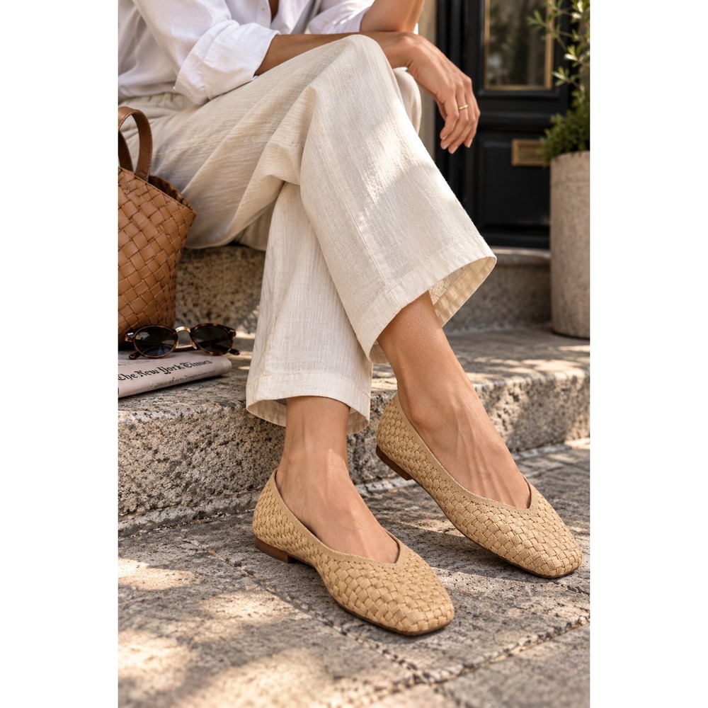 VIVAIA Margot 2.0 Tan Woven Square Toe V-Cut Knit Ballet Flats US 8.5